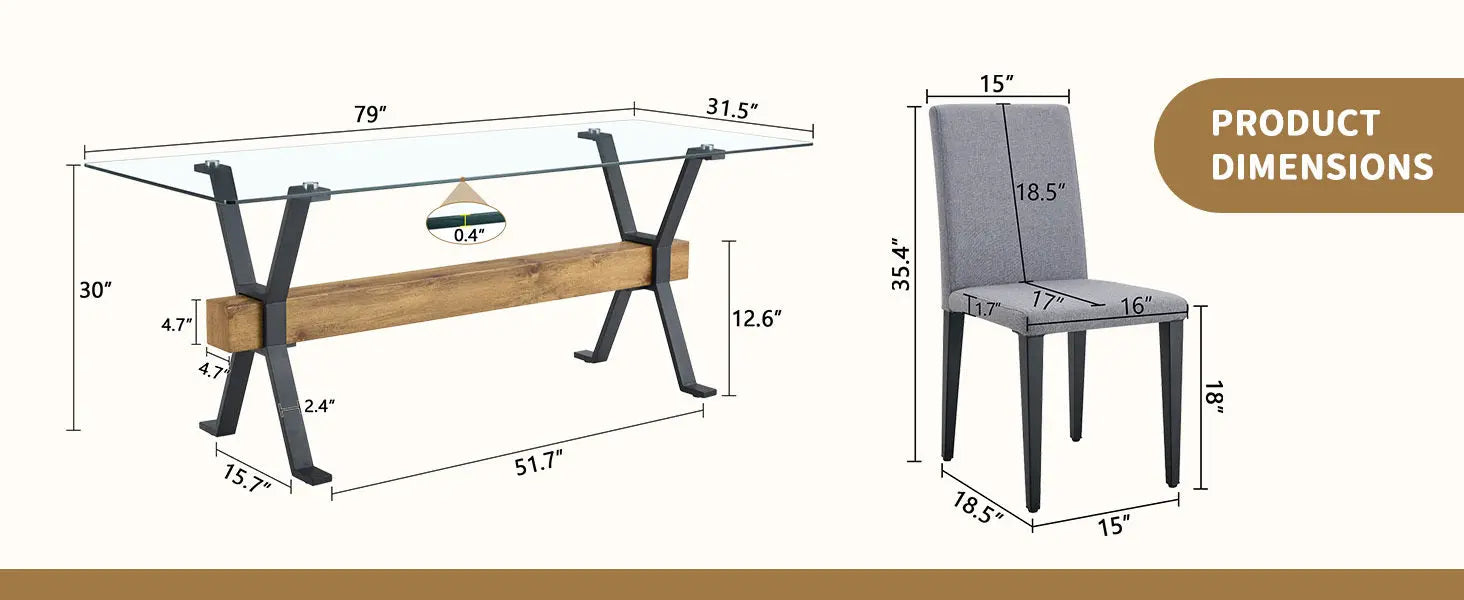 Table and chair set.79'x31.5' Inch Tempered Glass Tabletop With Sangria Beech