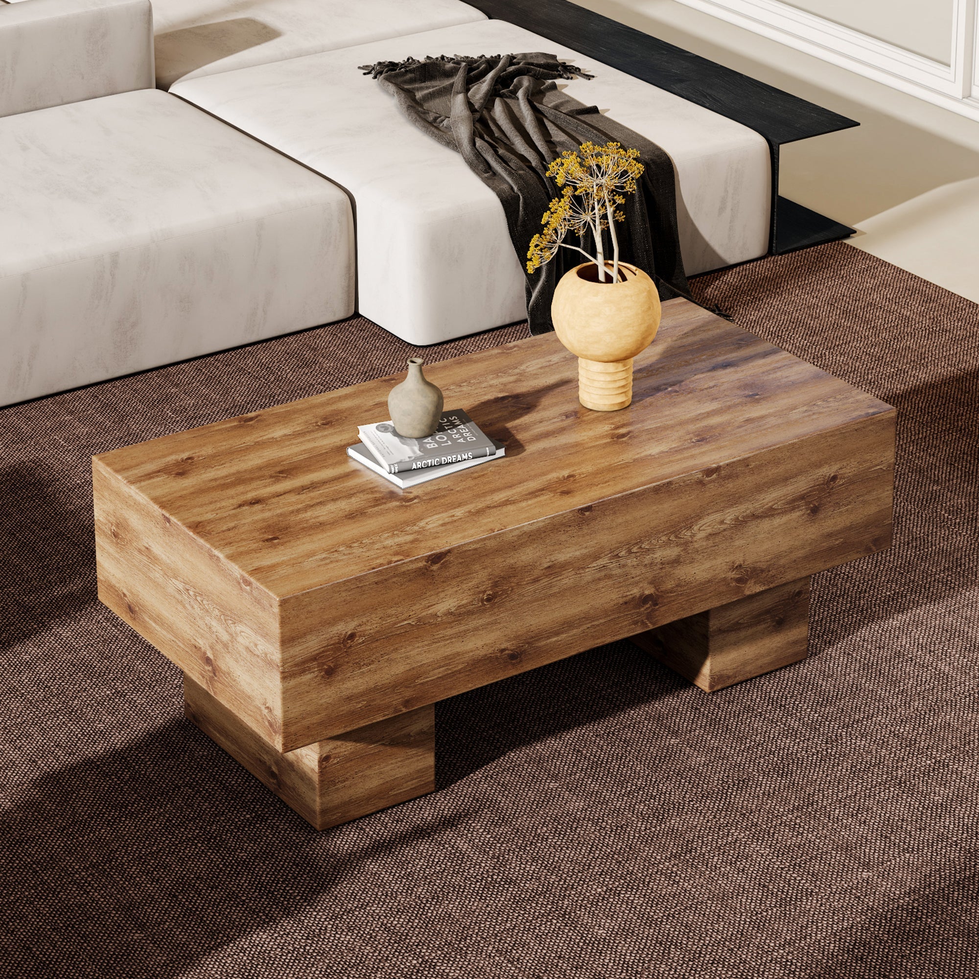 This modern rectangular coffee table features a stylish wood color, Sangria Beech