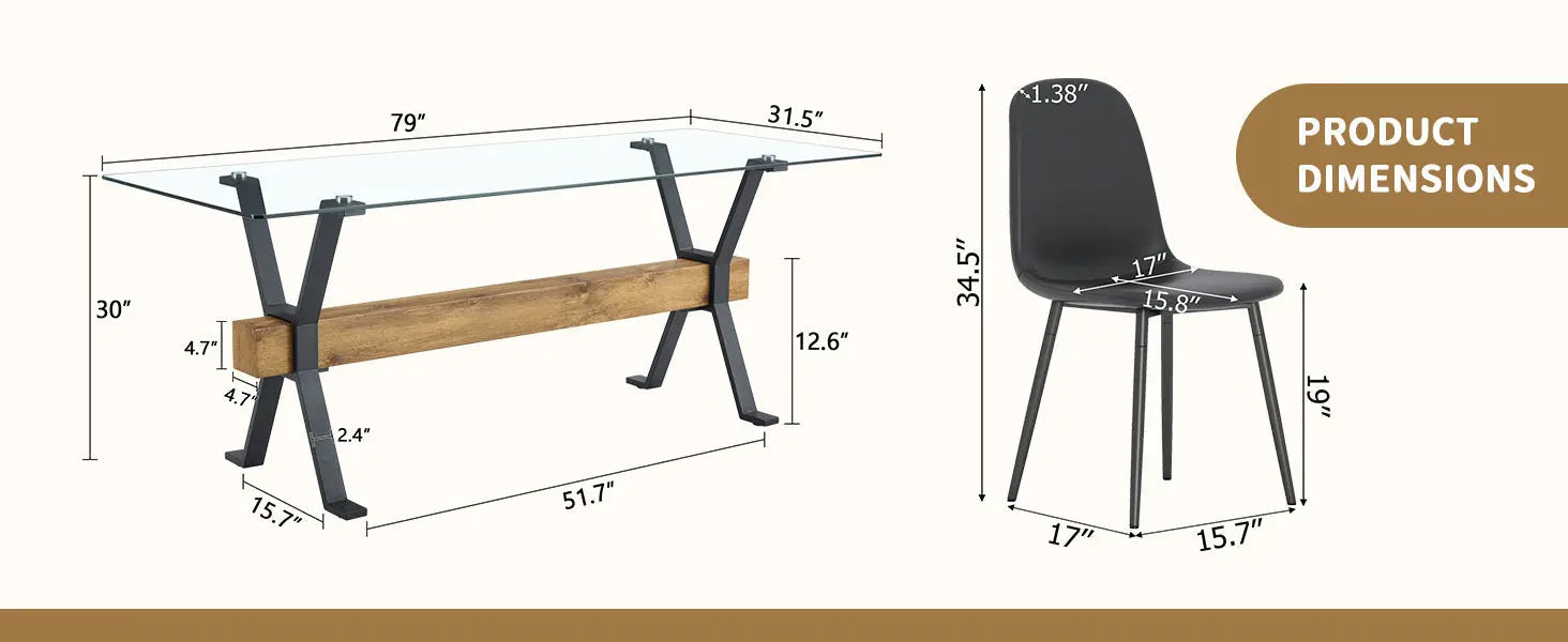 Table and chair set.79'x31.5' with X-shaped Black Metal Table Sangria Beech