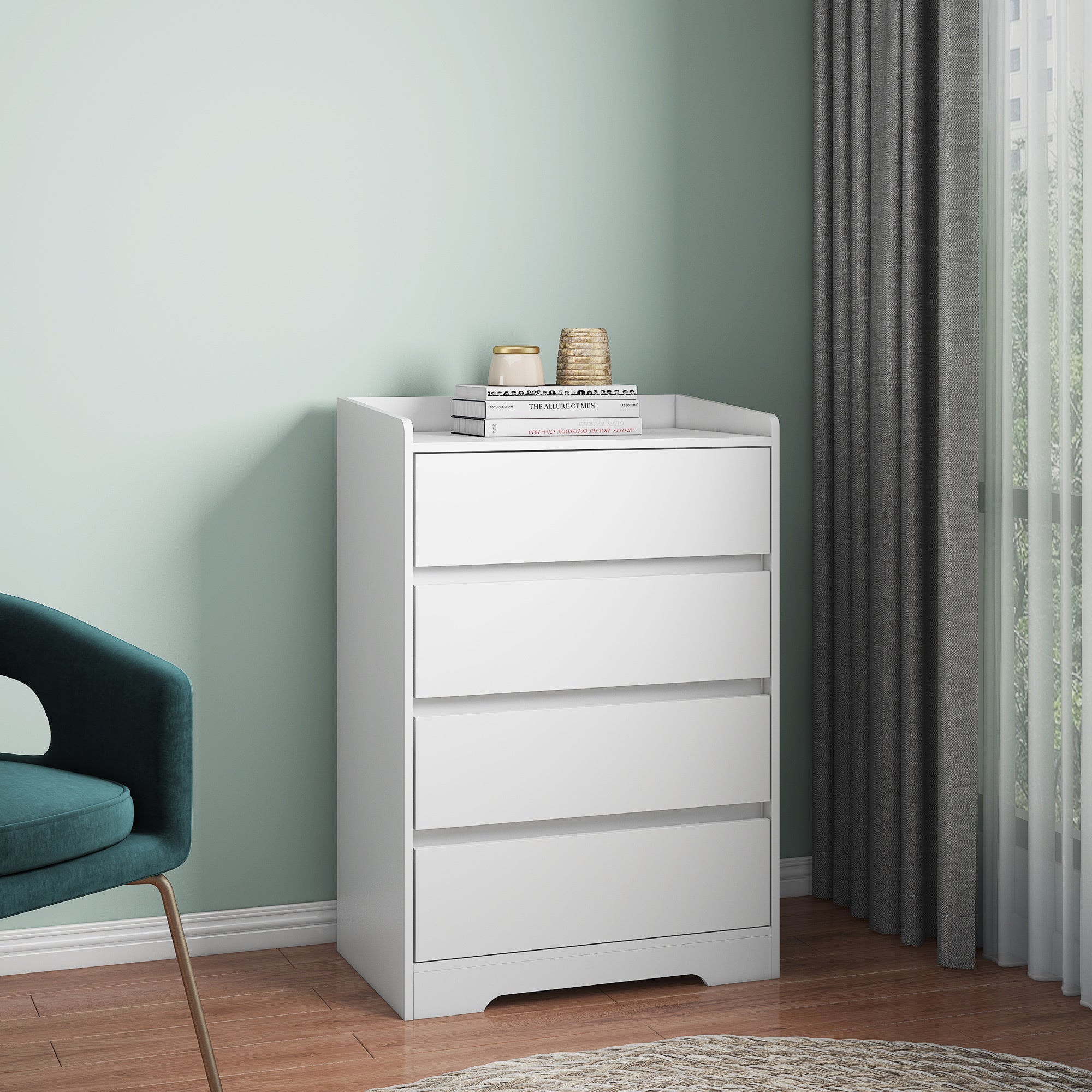 4 Drawer Dresser, Chest Of Drawers Without Handle, White Dresser For Bedroom Waterproof, Modern Wooden Cabinet With Sturdy Frame For Living Room, Entryway, Bedroom, Hallway, Office