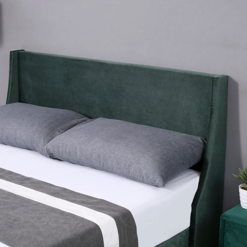 Double Bed Velvet Dark Green 4FT6 Upholstered Bed With Winged Headboard, Wood Slat Support