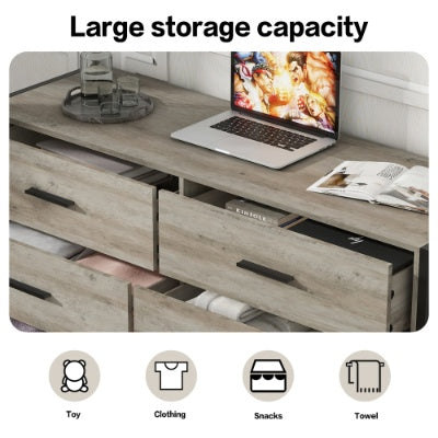 Wood Dresser With 6 Drawers, Wooden Storage Closet For Bedroom, Solid Clothes Cabinet With Sturdy Steel Frame, 48.58Wx15.75Dx31.22H, 48 Inch, Rustic Grey