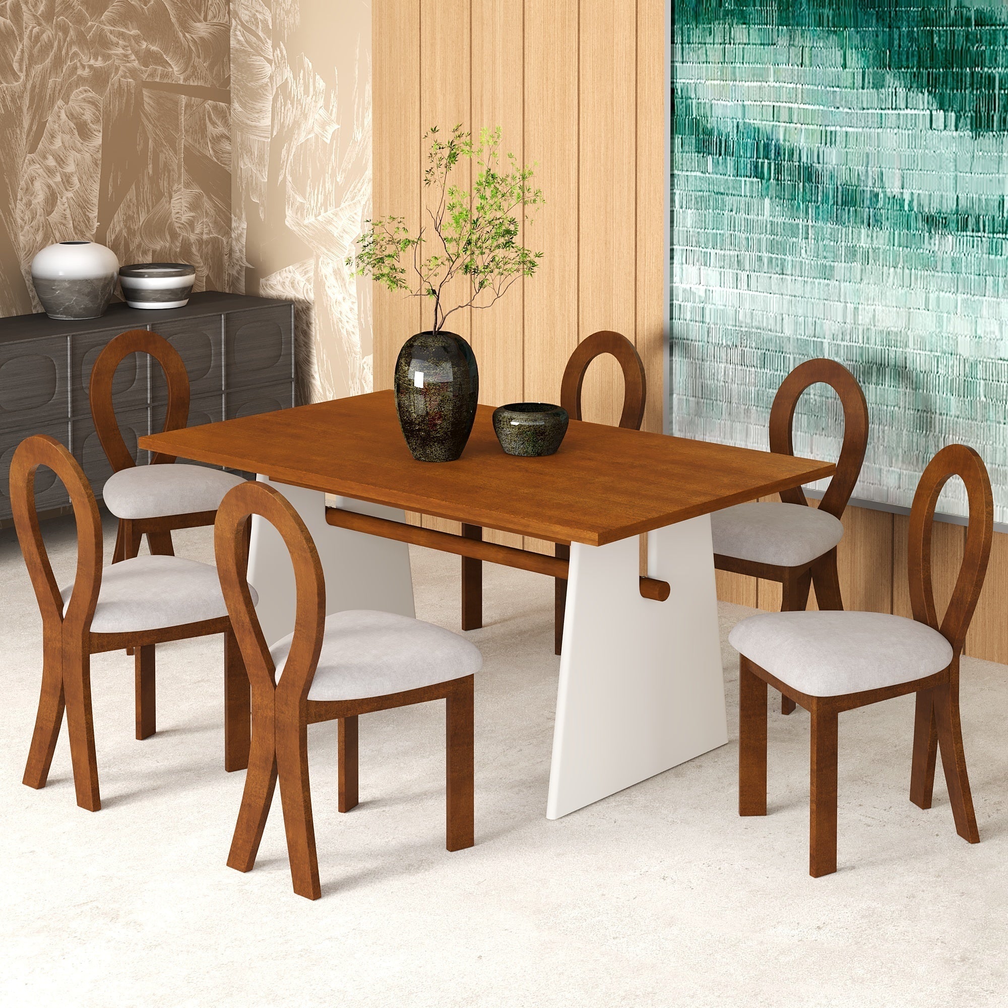 Modern 7-Piece Dining Table Set with Trestle Dining Table and 6 Sangria Beech