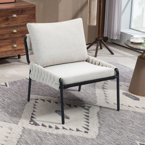Modern Accent Lounge Chair With Braided Upholstery And Metal Frame, Comfortable Armchair For Living Room Or Bedroom, Soft Cushioned Seat And Backrest, Set Of 1