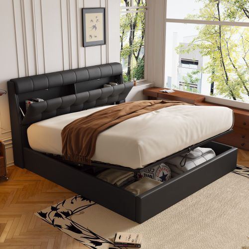 Fashion Upholstered Bed,135x190 4ft6, Double Bed,Hydraulic Bed,Concealed Headboard Storage,Bed Box Storage,PU,With Slats And Headboard,Without Mattress,Cream White