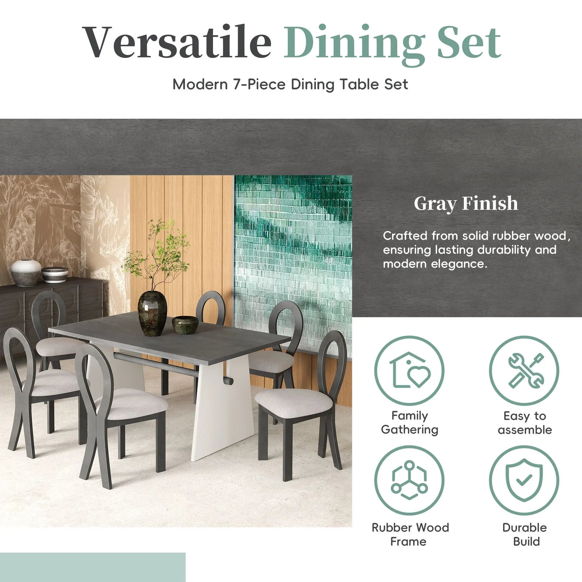 Modern 7-Piece Dining Table Set with Trestle Dining Table and 6 Sangria Beech