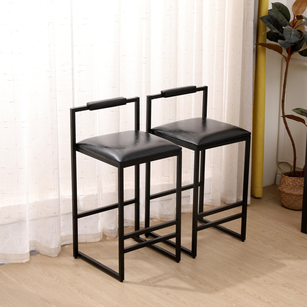 Black Bar Stool Set Of 2 Counter Height PU Leather With Backrest & Footrest