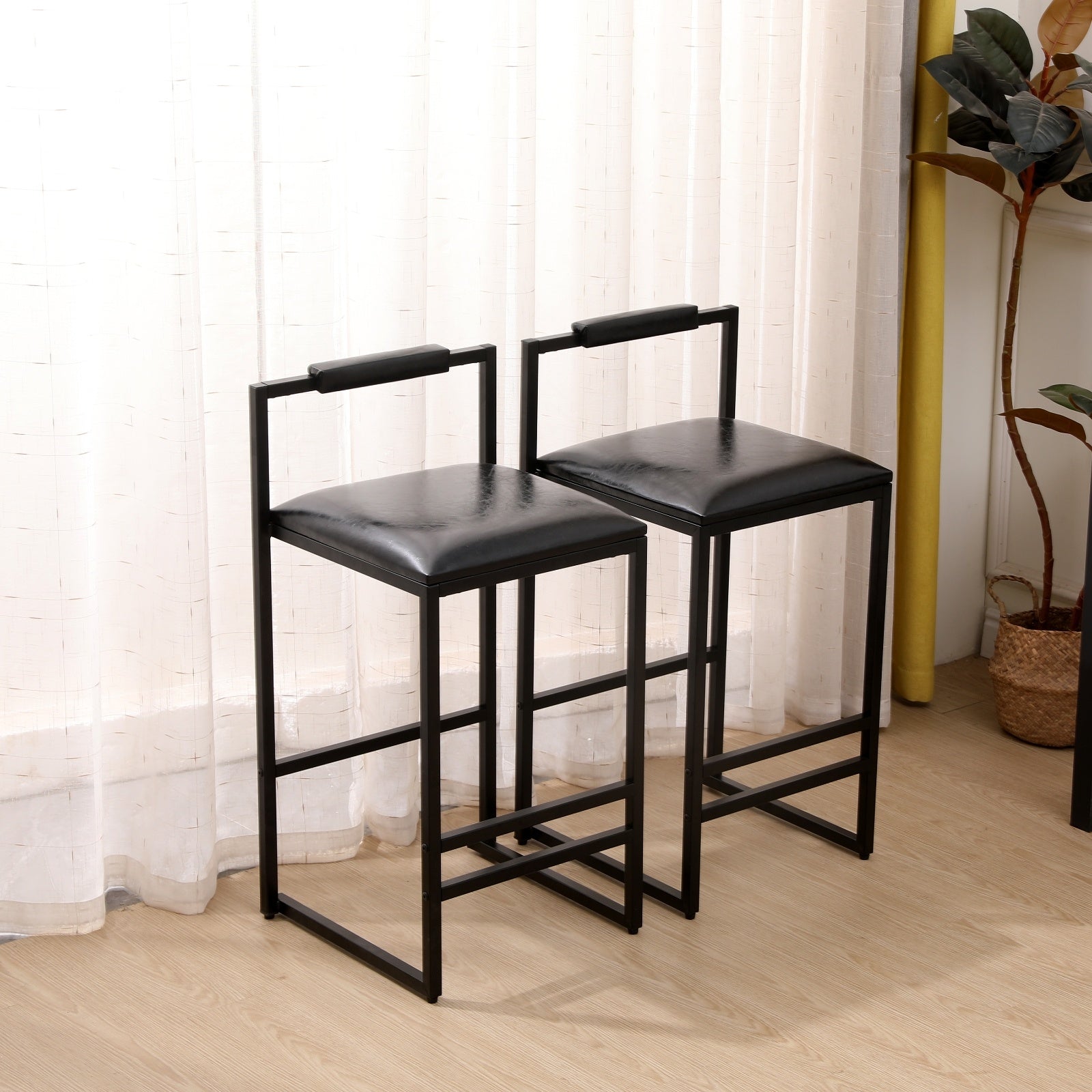 Black Bar Stool Set Of 2 Counter Height PU Leather With Backrest & Footrest