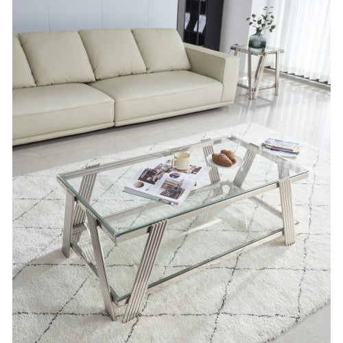 Modern Stainless Steel Coffee Table Set Set Of 2, Double-Layer Clear Tempered Glass Table Top, Coffee Table  End Side Table 2-Pieces Sets For Living Room Home Office, Silver CJDropshipping