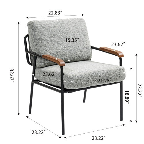 Modern Accent Chair With Natural Wood Armrests And Black Metal Frame, Light Beige Upholstered Seat And Backrest, Comfortable Lounge Chair For Bedroom, Living Room, Dining Room, Set Of 1