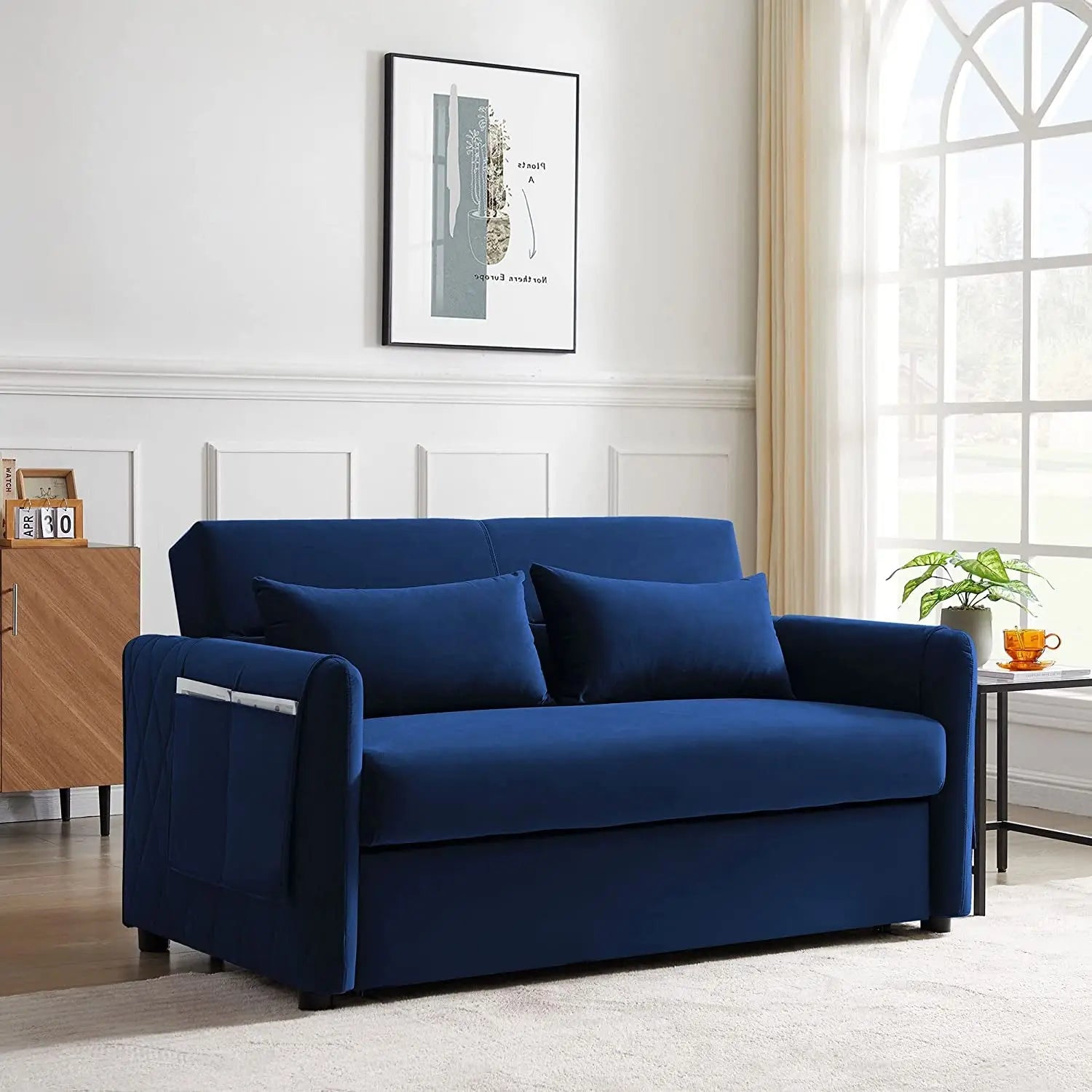Blue Velvet Convertible Sofa Bed with Adjustable Backrest Peach Maple