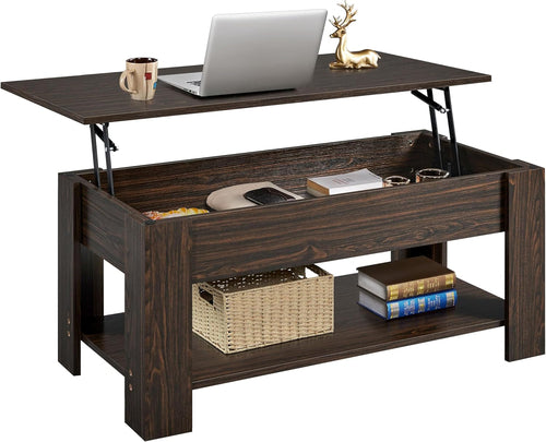 Lift Top Coffee Table with Hidden Compartment and Storage Shelf, Peach Maple