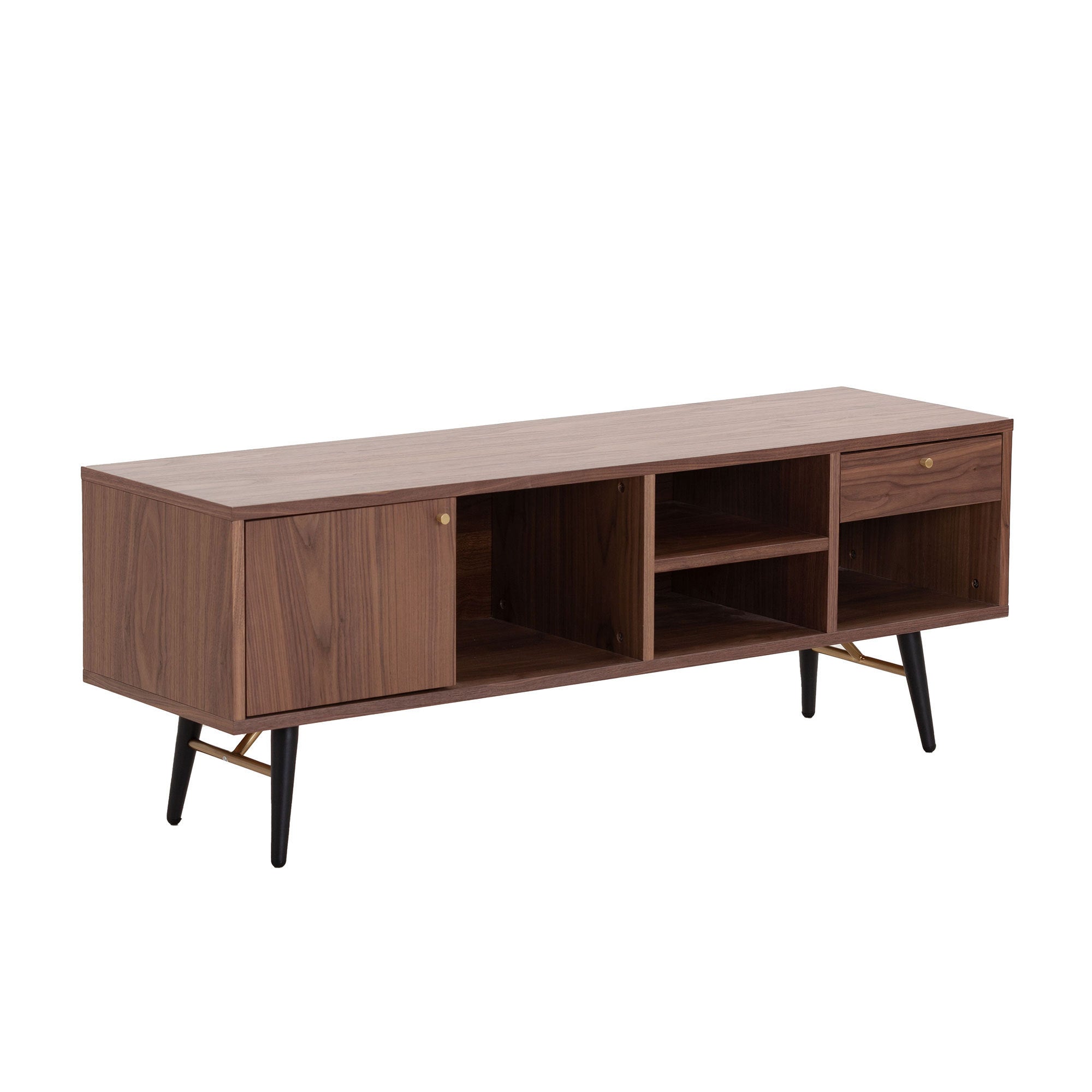Mid-Century Modern Low Profile Media Console TV Stand, Walnut Sangria Beech