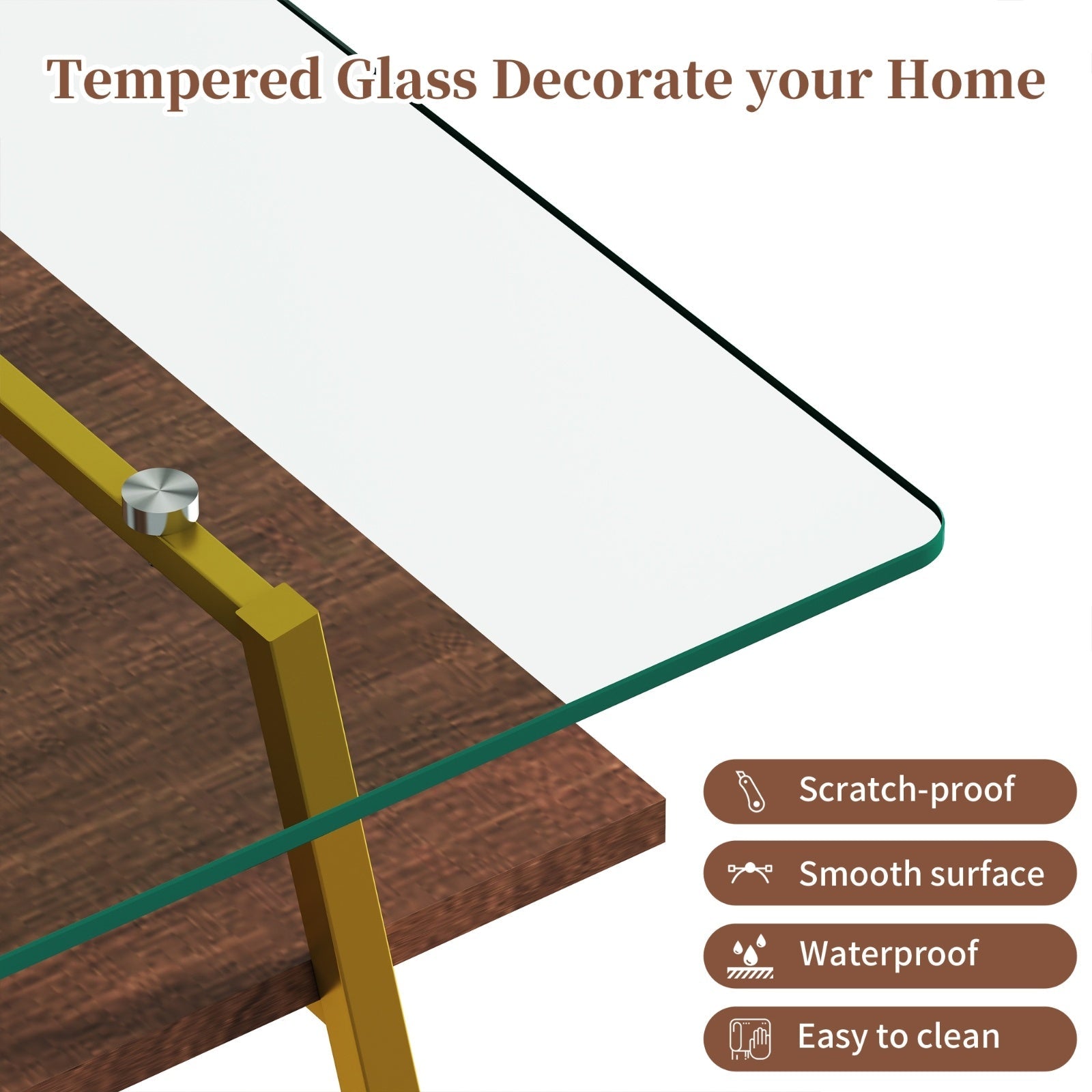 Rectangle Coffee Table, Tempered Glass Tabletop With Gold Metal Legs, Modern Table For Living Room , CJDropshipping