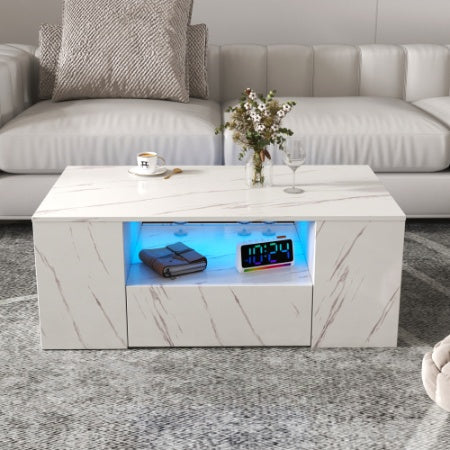 Modern Coffee Tables For Living Room, LED Coffee Table, Storage Coffee Table, Small Coffee Table, Wood Center Table With 2 Drawers And Open Side Shelf CJDropshipping