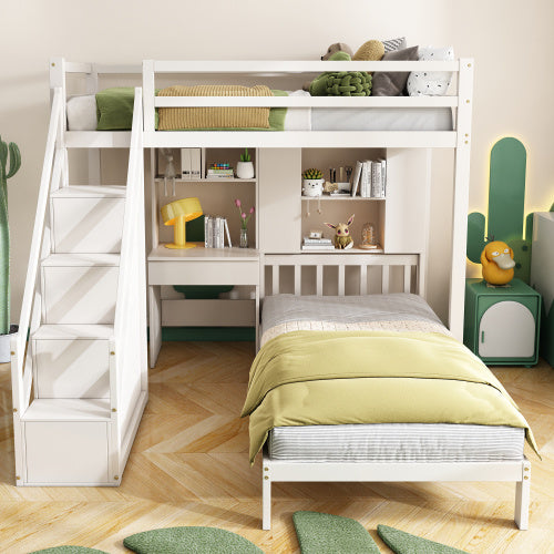 Wood House Bunk Bed 90x190 Cm,Bunk Bed, Double Bed, Multifunctional Children's Bed, Storage Space Function, With Desk And Shelves, With Slatted Frame, White