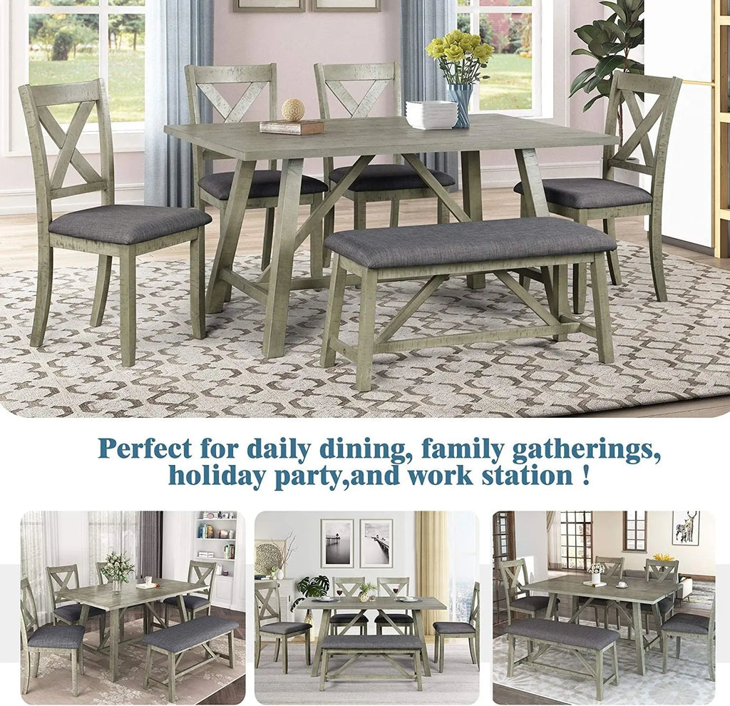 Rustic Gray Wooden 6-Piece Dining Table Set with Cushioned Chairs and Peach Maple