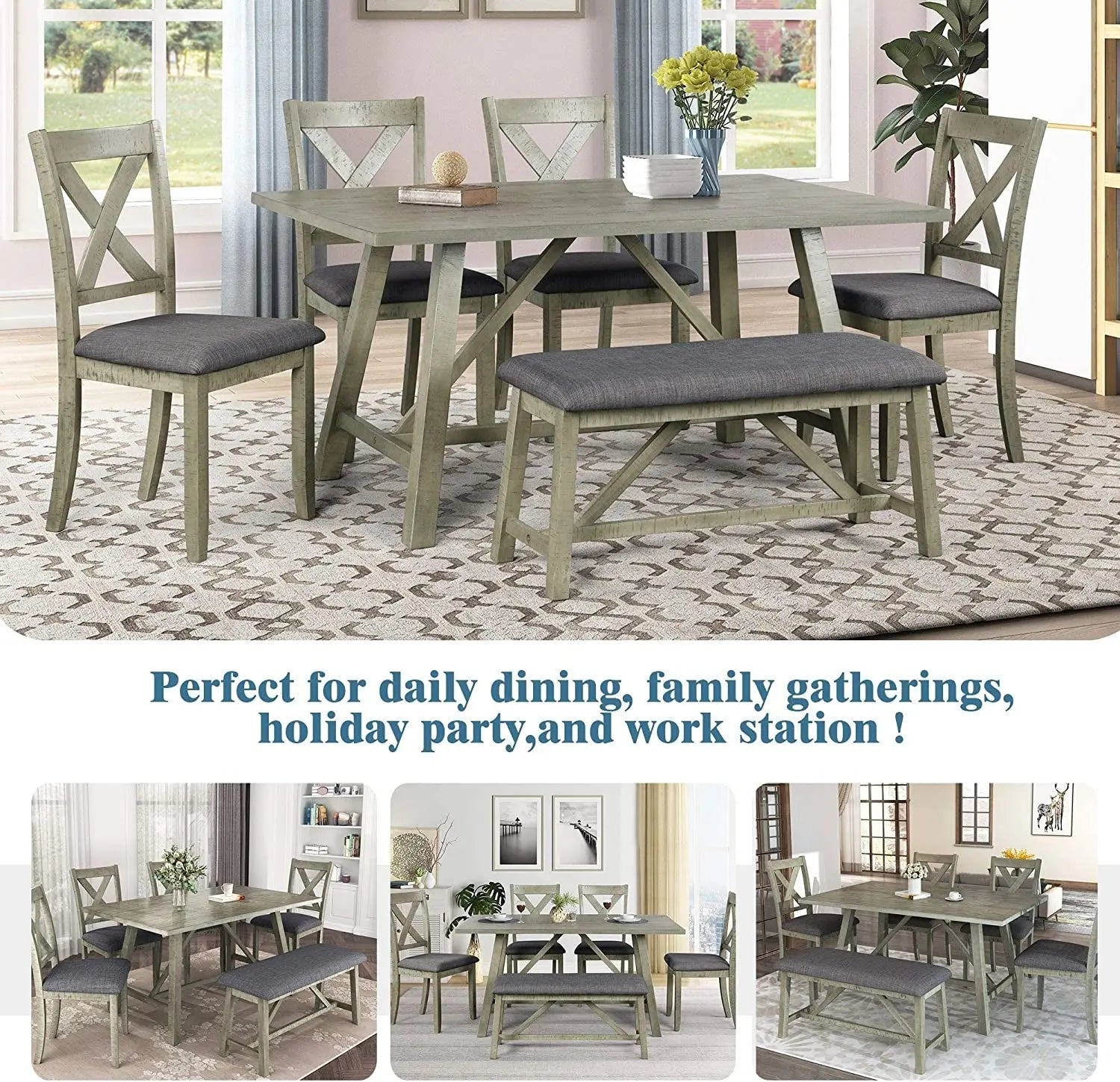 Rustic Gray Wooden 6-Piece Dining Table Set with Cushioned Chairs and Peach Maple