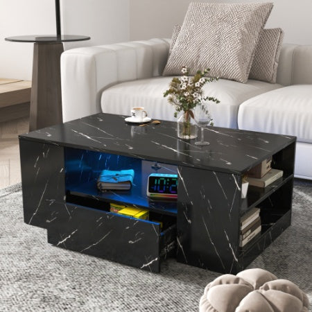 Modern Coffee Tables For Living Room, LED Coffee Table, Storage Coffee Table, Small Coffee Table, Wood Center Table With 2 Drawers And Open Side Shelf CJDropshipping