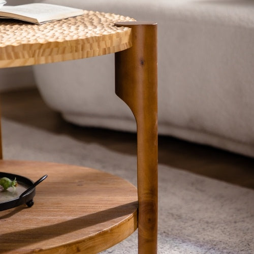 Round Coffee Table With Solid Wood For Living Room, 2-Tier Round Coffee Table With Storage Shelf, Mid Century Modern Coffee Table , Home Small Space, Easy Assembly CJDropshipping