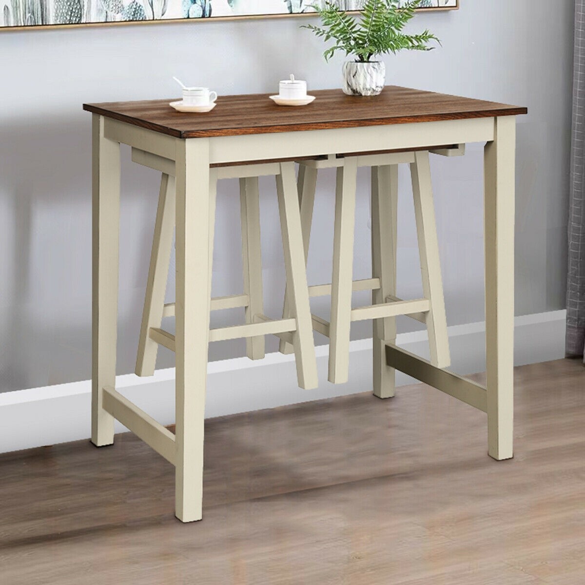 Counter Height Pub Table With 2 Saddle Bar Stools