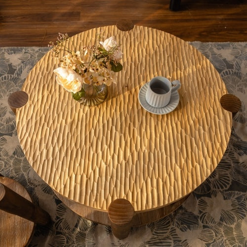 Round Coffee Table With Solid Wood For Living Room, 2-Tier Round Coffee Table With Storage Shelf, Mid Century Modern Coffee Table , Home Small Space, Easy Assembly CJDropshipping