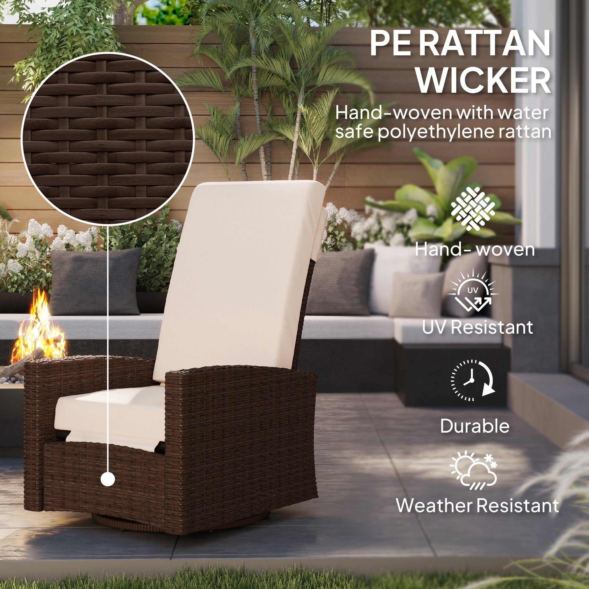 Outdoor Wicker Swivel Recliner Chair, Lifting Footrest, 360 Rotating Basic, Water-resistant Cushions, Cream White