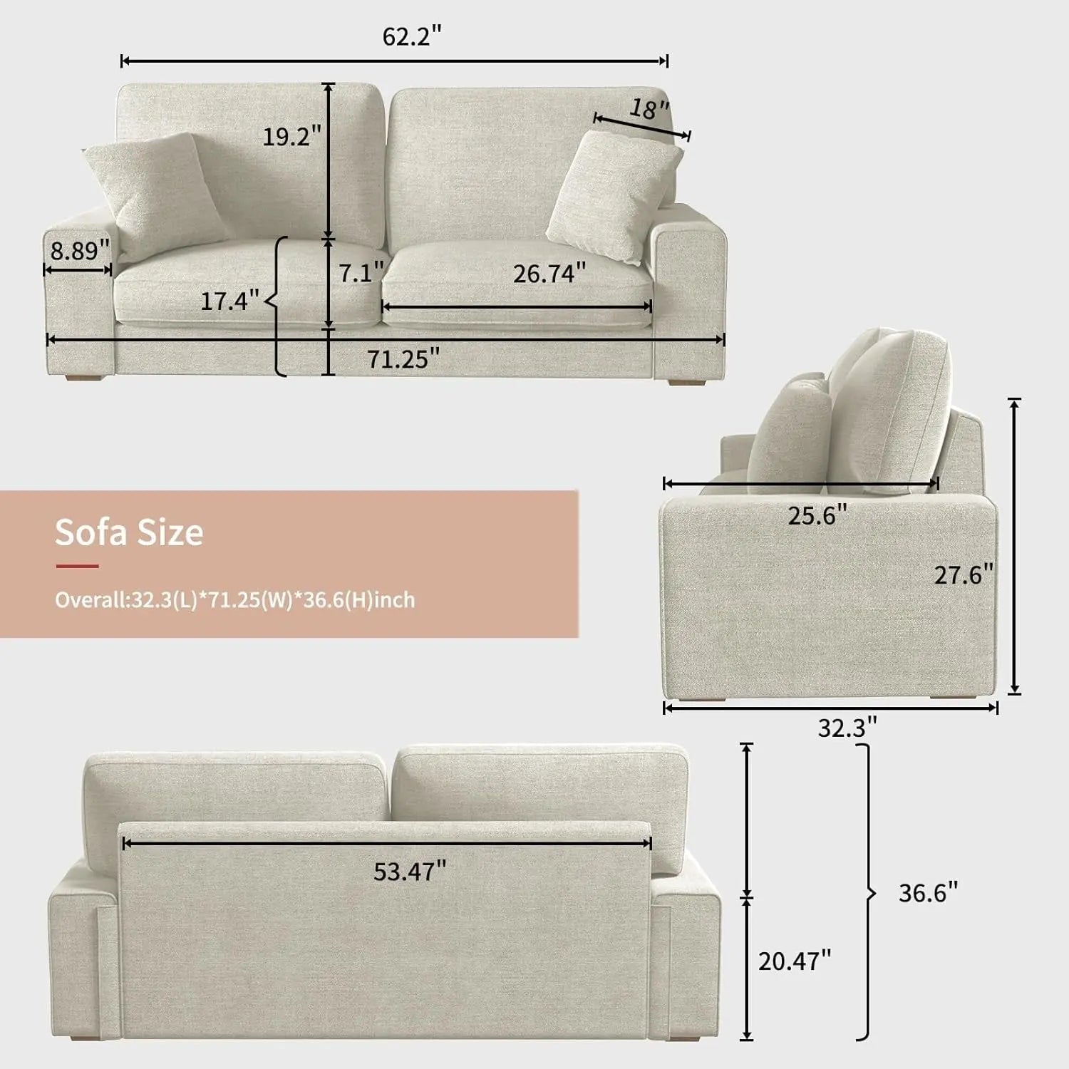Modern Beige Chenille Recliner Sofa for Living Room Peach Maple
