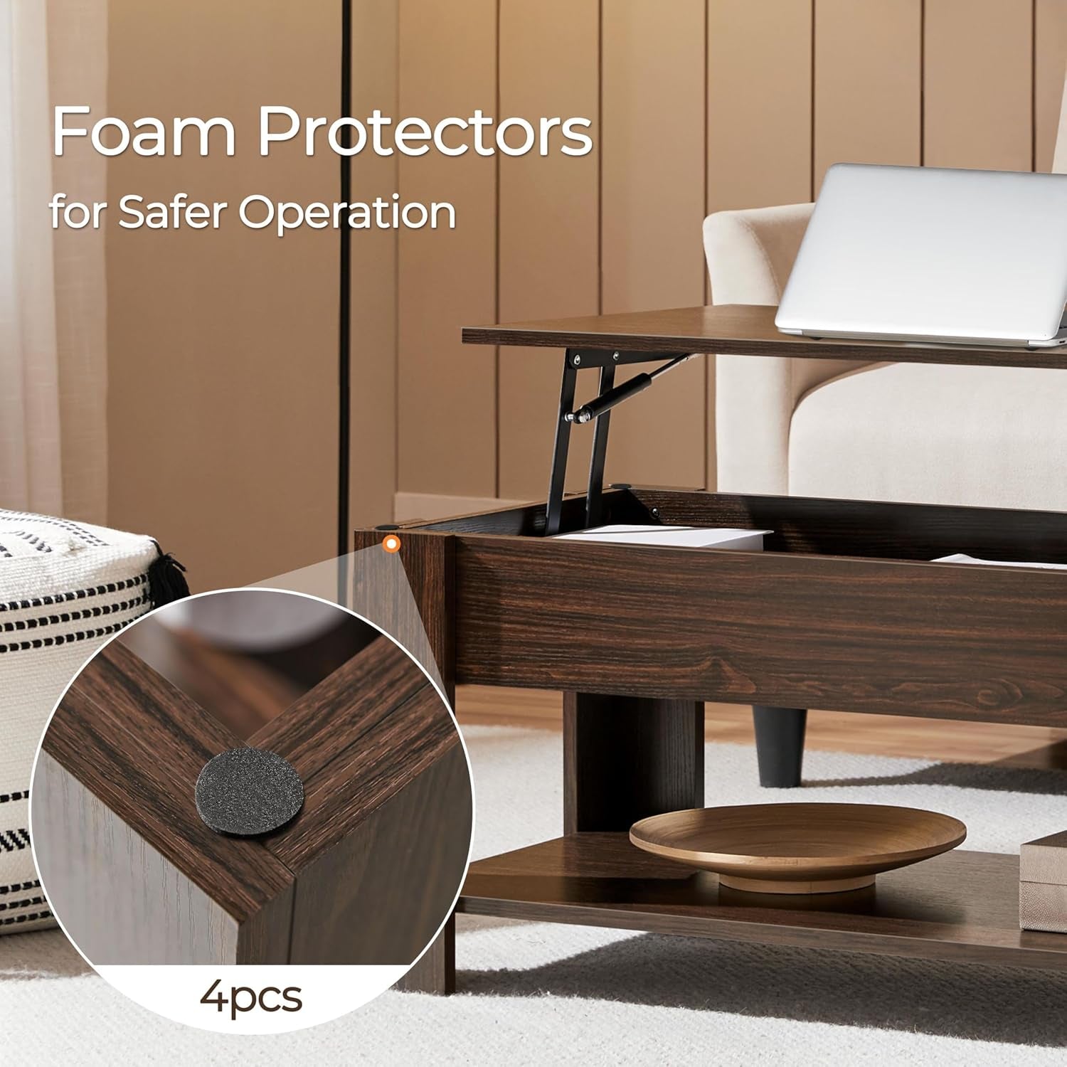 Lift Top Coffee Table with Hidden Compartment and Storage Shelf, Peach Maple