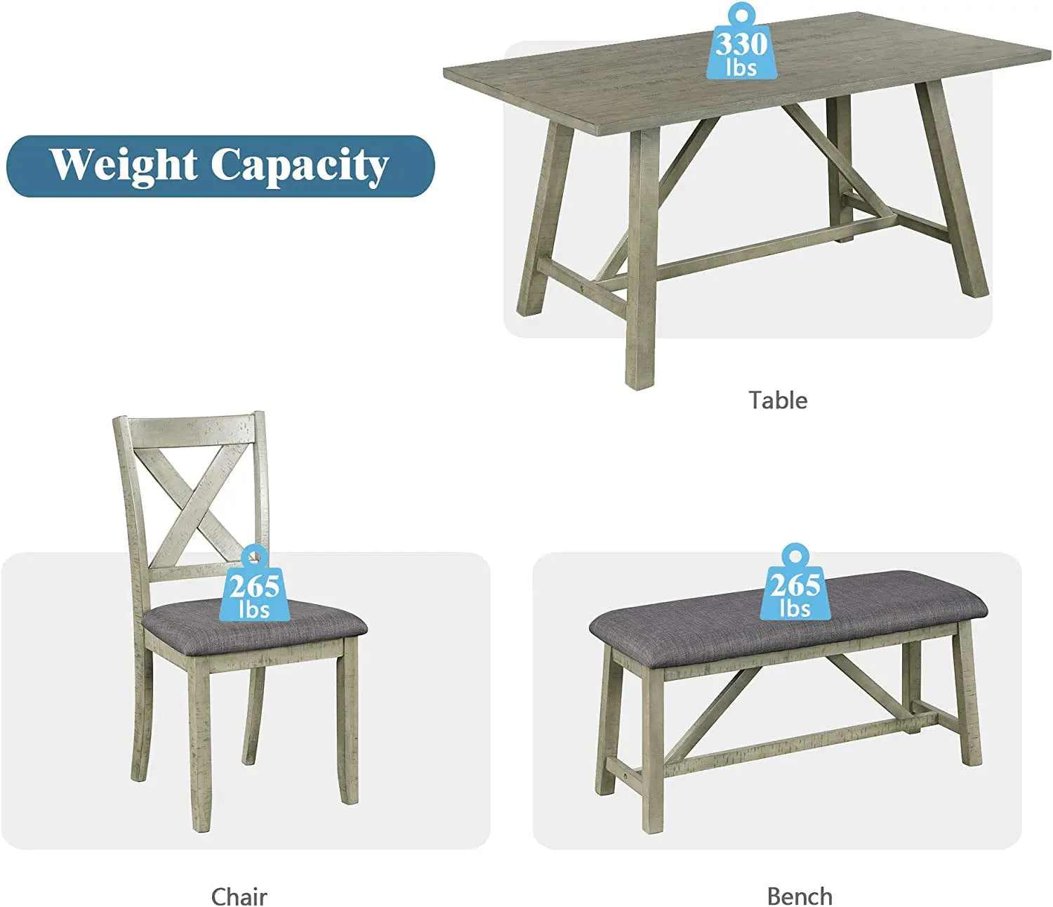 Rustic Gray Wooden 6-Piece Dining Table Set with Cushioned Chairs and Peach Maple