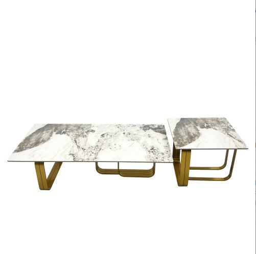 LuneluX_Home – Modern Sintered Stone Coffee Table Set with Gold Frame Carmine Juneberry