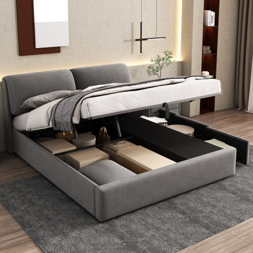 Upholstered Bed,King Size Bed-5ftm  150x200cm, Hydraulic Bed, Three Drawers, Bed Box For Storage, Slatted Frame With Headboard, Without Mattress, Velvet, Grey