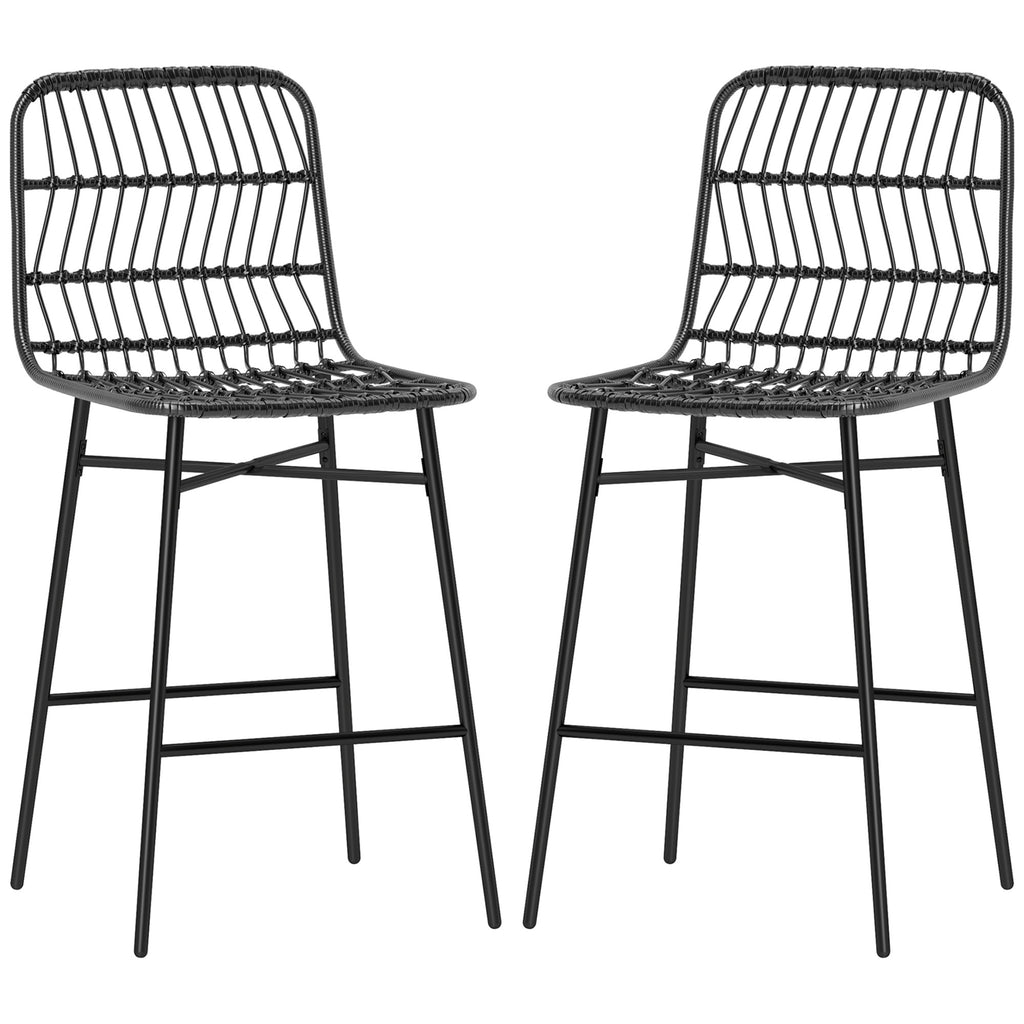 Rattan Counter Bar Stools Set Of 2, 26 Counter Height Barstools With Back, Bar Chairs For Kitchen Island, Black