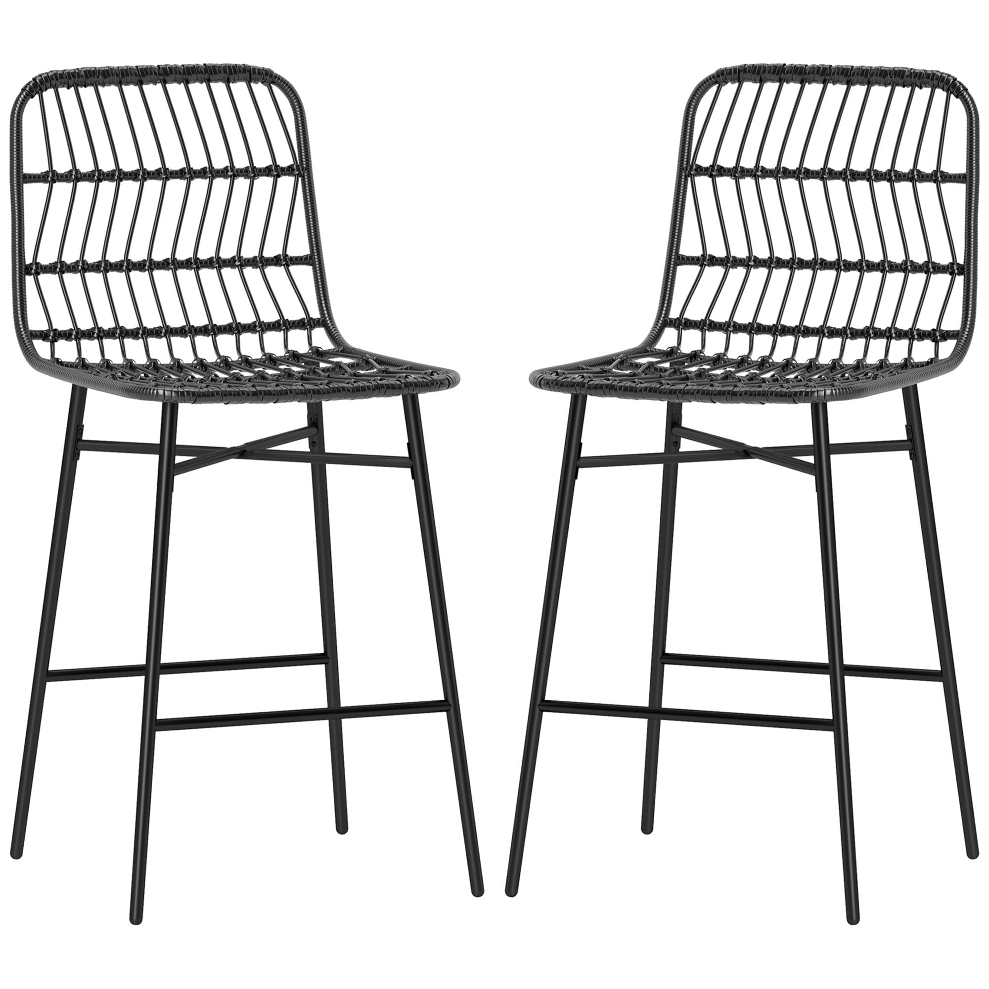 Rattan Counter Bar Stools Set Of 2, 26 Counter Height Barstools With Back, Bar Chairs For Kitchen Island, Black