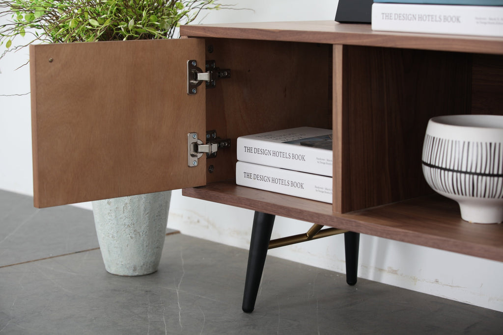 Mid-Century Modern Low Profile Media Console TV Stand, Walnut Sangria Beech