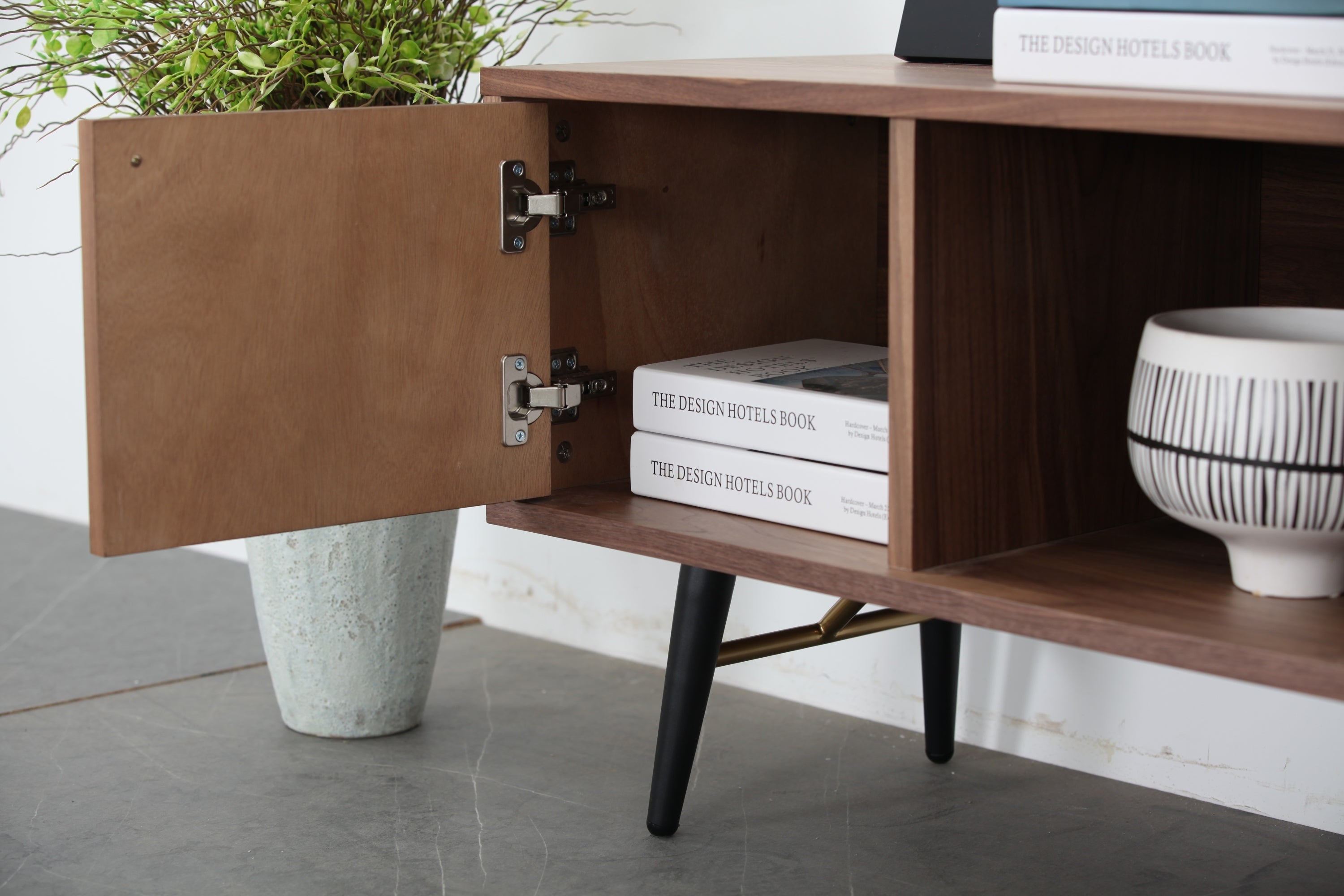 Mid-Century Modern Low Profile Media Console TV Stand, Walnut Sangria Beech