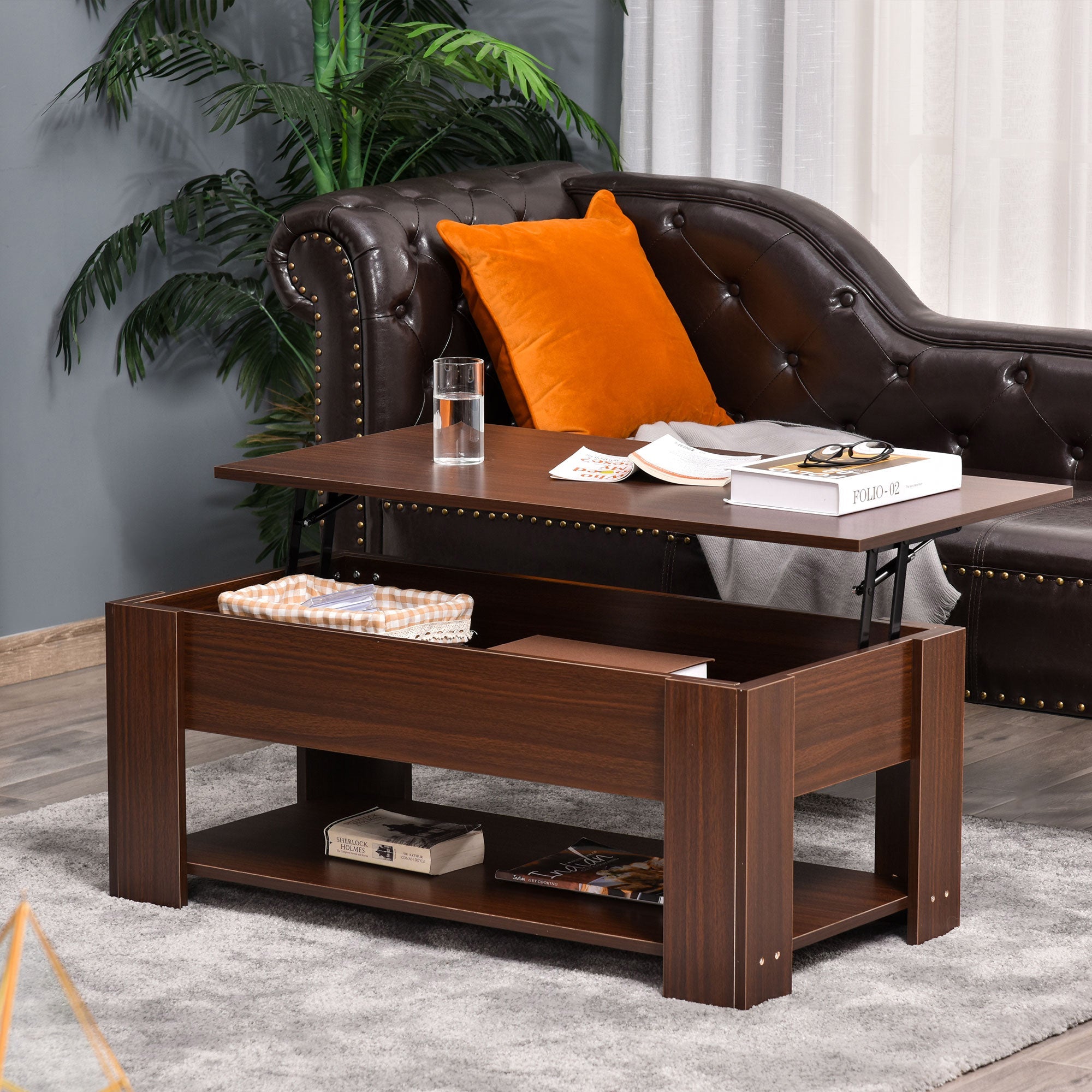 HOMCOM Lift Top Coffee Table with Hidden Storage Compartment and Open Taupe Shadow