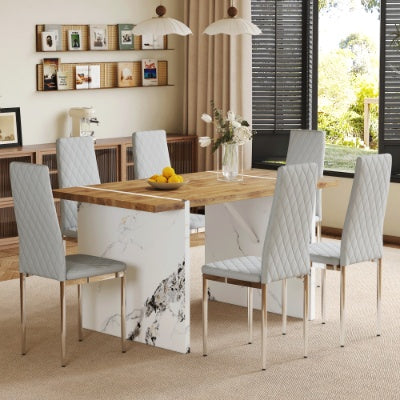 Table And Chair Set.Natural Wood Grain MDF Dining Table  55x31.5 Inch.Paired With 6 Modern Style Dining Chairs In Light Gray, Essential For Minimalist Homes.Blending Into Various Home Environments.