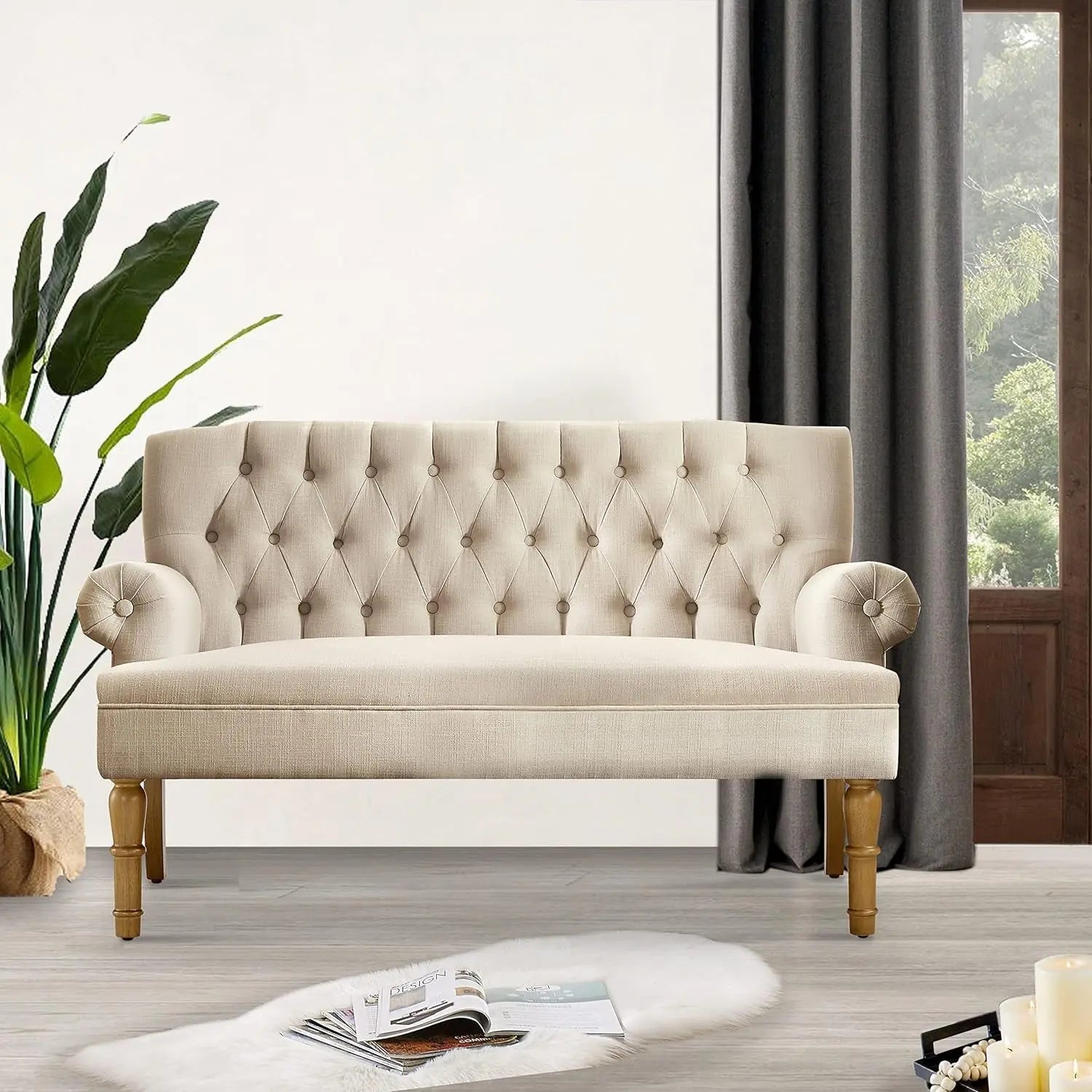 Beige Linen Loveseat Sofa for Living Room Peach Maple