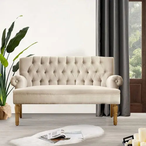 Beige Linen Loveseat Sofa for Living Room Peach Maple