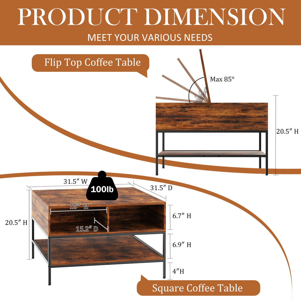 Farmhouse Flip Top Coffee Table With Storage Rustic Wood Grain Table, Hidden Storage Compartment For Living Room, Sturdy Metal Frame Easy To Assemble & Clean CJDropshipping