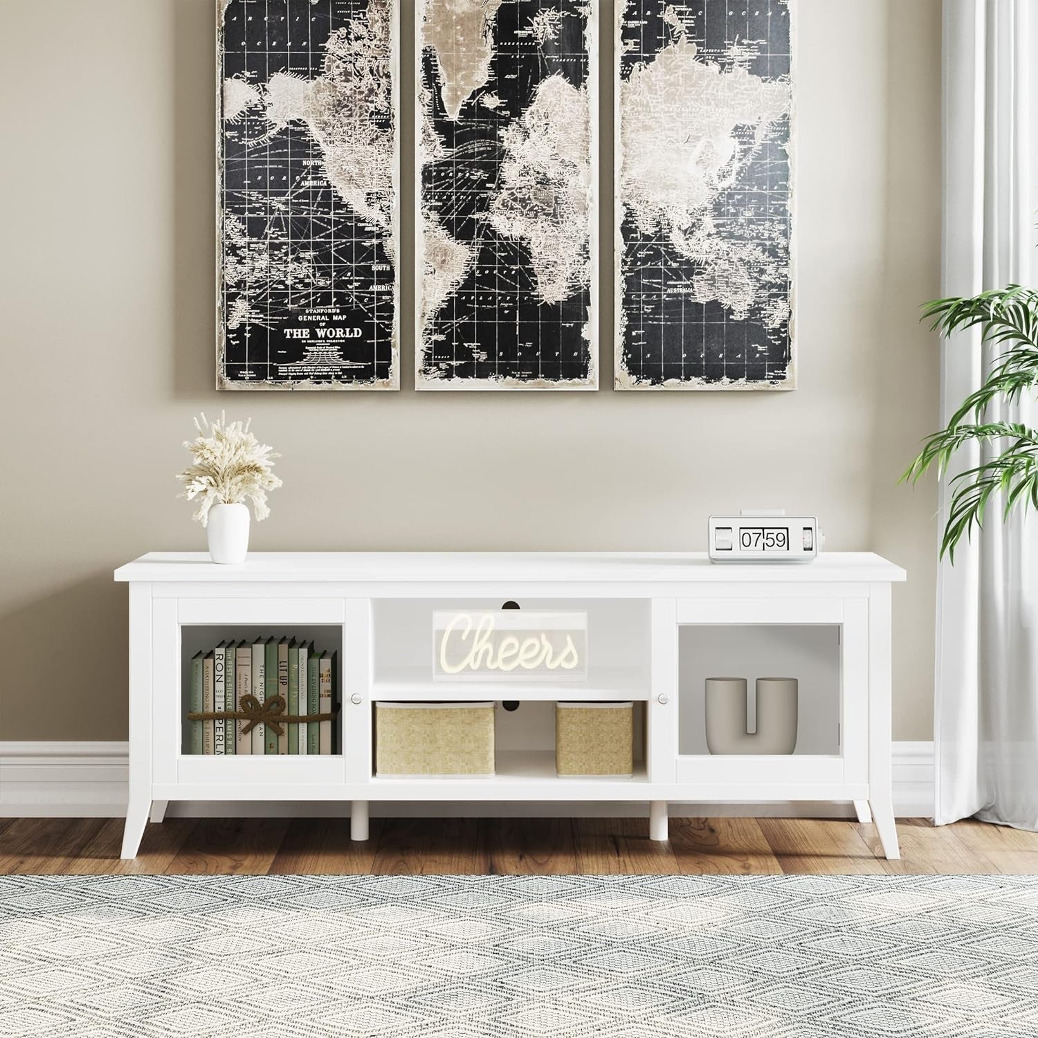 TV Stand - 55-Inch Storage Cabinet with 2 Cubbies and 2 Shelves - Peach Maple
