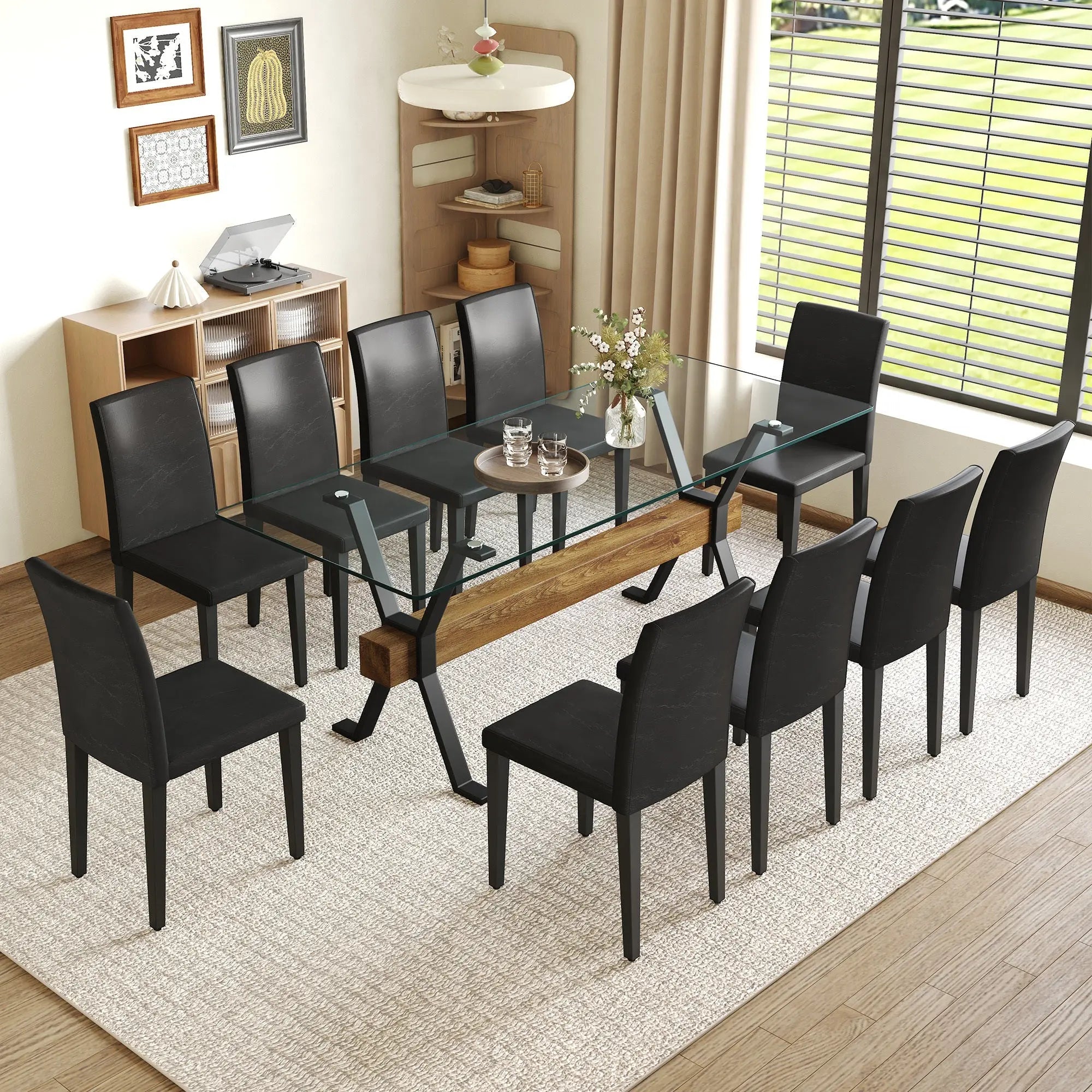 Table and chair set.79'x31.5' Inch Tempered Glass Tabletop With Sangria Beech