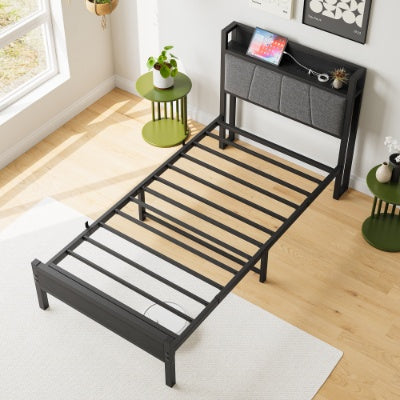 Twin Size Bed Frame, Storage Headboard With Charging Station, Solid And Stable, No Box Spring Needed, Easy Assembly
