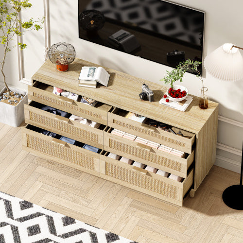 Rattan Dresser With Drawers, 6 Drawer Dresser For Bedroom, Clothes Storage Cabinet For Bedroom, Metal Handle&Wood Legs For Hallway, Living Room, Bedroom,Natural