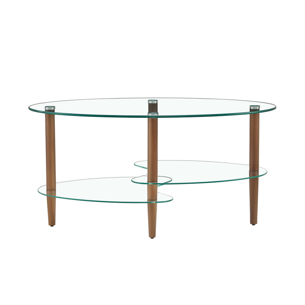 Transparent Oval Glass Coffee Table, Modern Living Room Table, Oak Leg Coffee Table, Three-layer Glass Table CJDropshipping