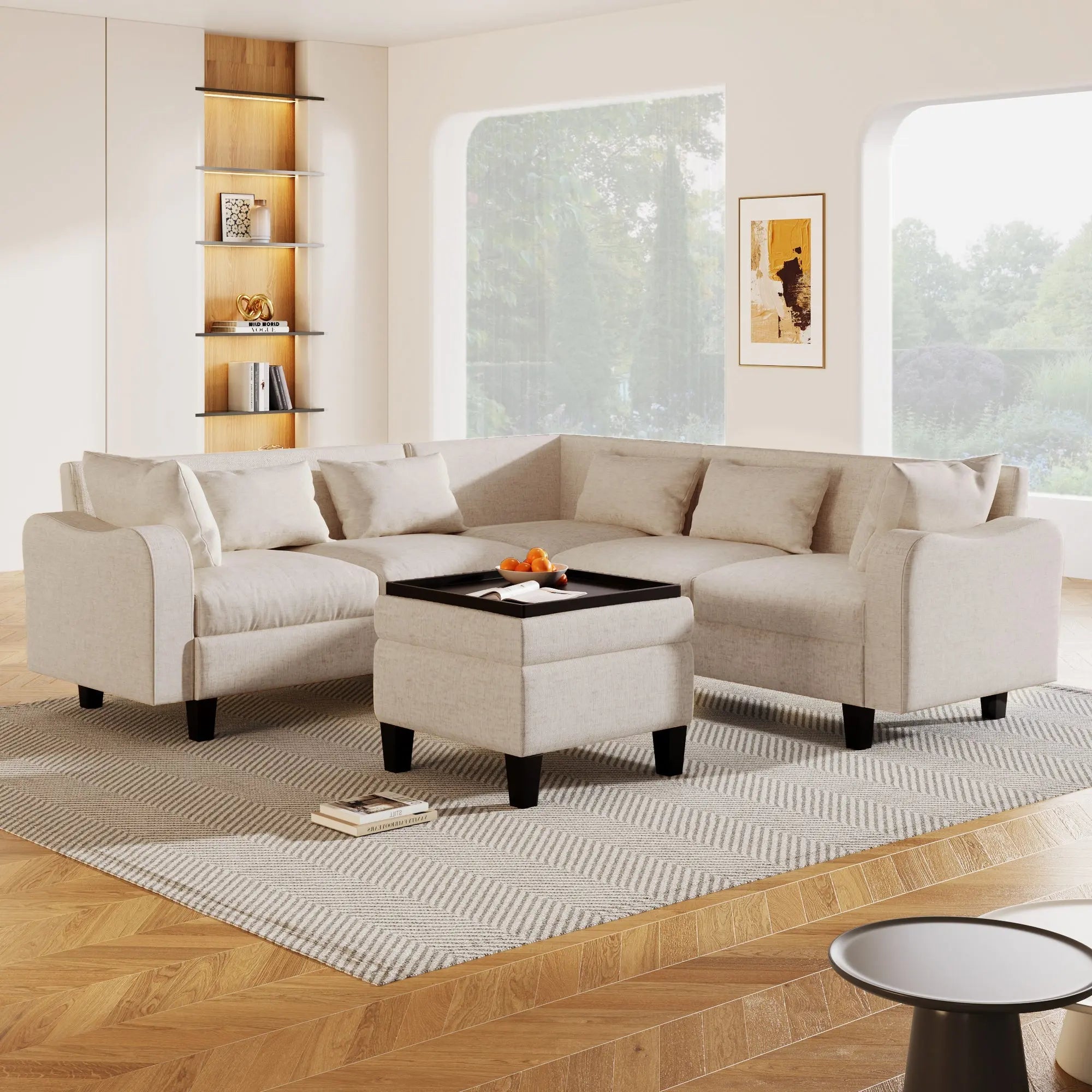 87" Modern Sectional Sofa with coffee table,6-Seat Couch Set with Sangria Beech