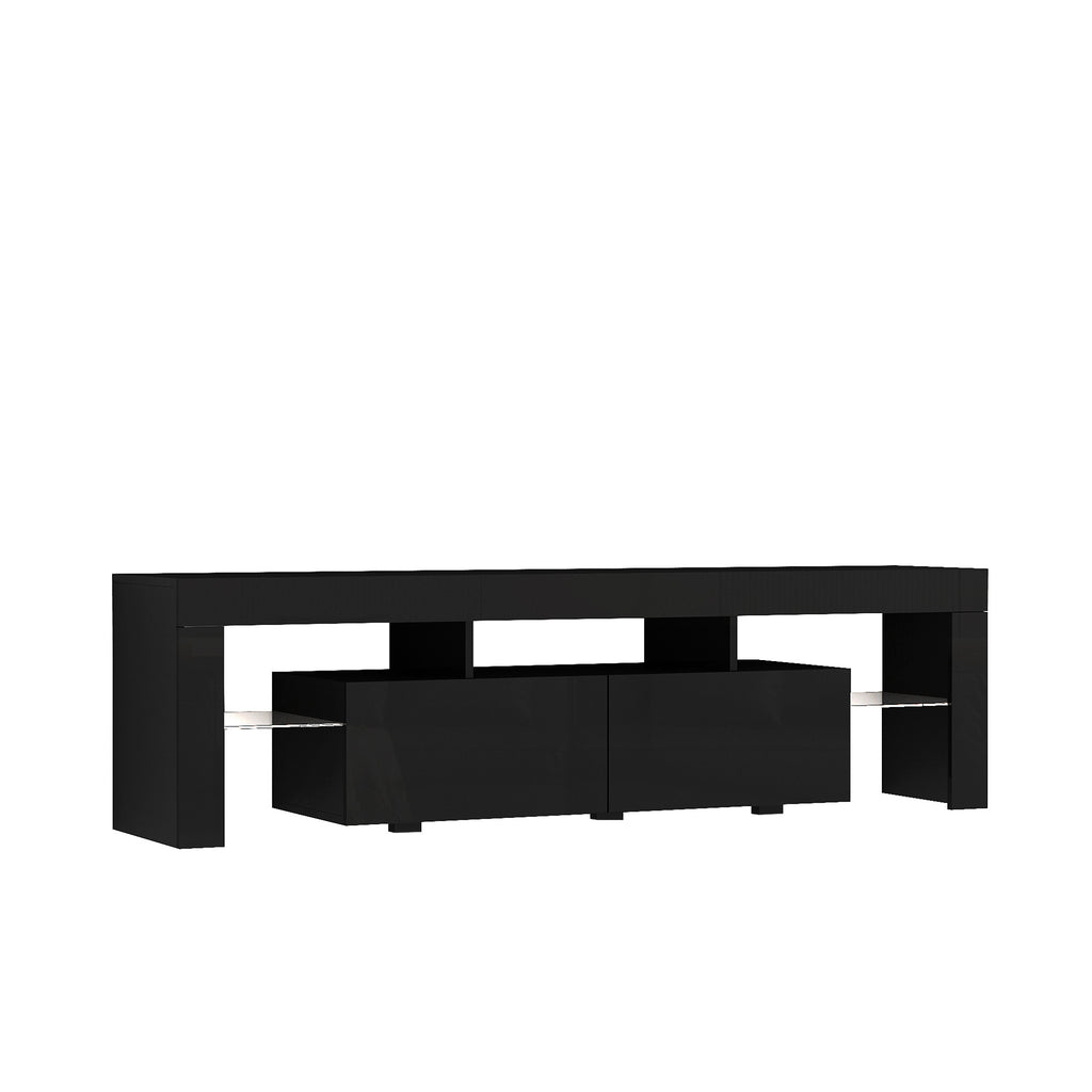 High Gloss TV Stand With LED Lights For TVs Up To , Modern TV Console With Storage Cabinets For Living Room,Black
