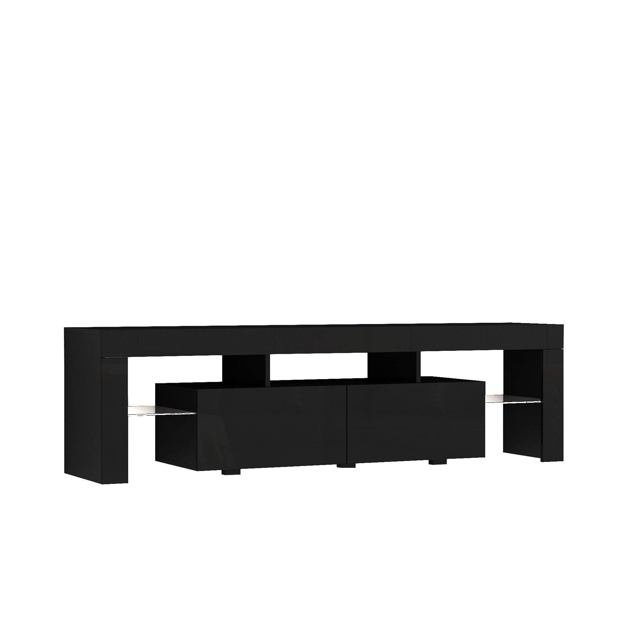 High Gloss TV Stand With LED Lights For TVs Up To , Modern TV Console With Storage Cabinets For Living Room,Black