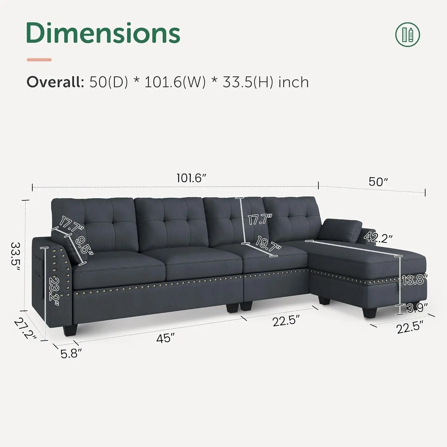 Bluish Grey Sectional Sofa L-Shaped, Convertible Peach Maple